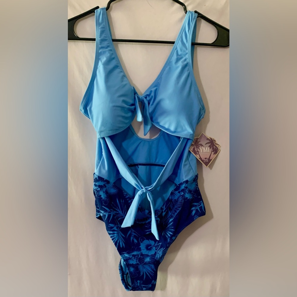 YMI Light and Dark Blue Tie-Front Swimsuit